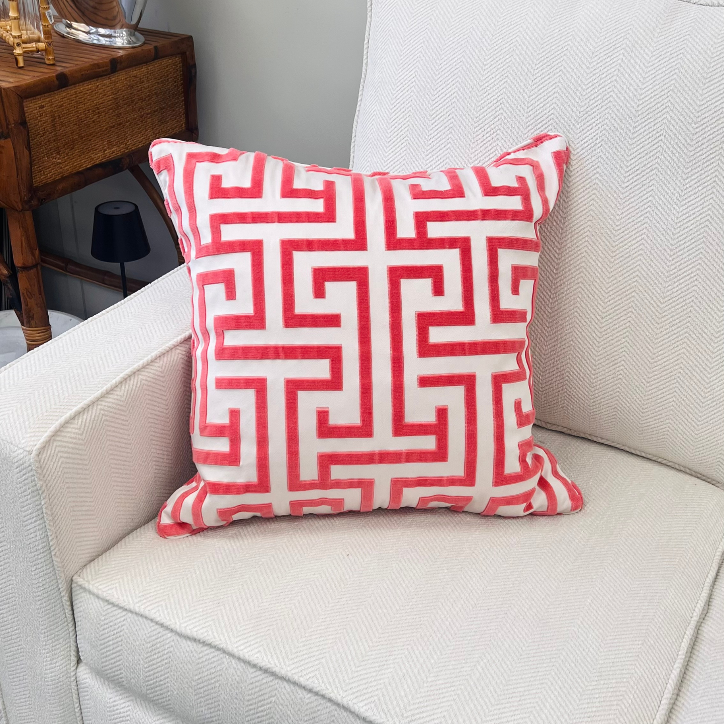 Coral Greek Key Throw Pillow