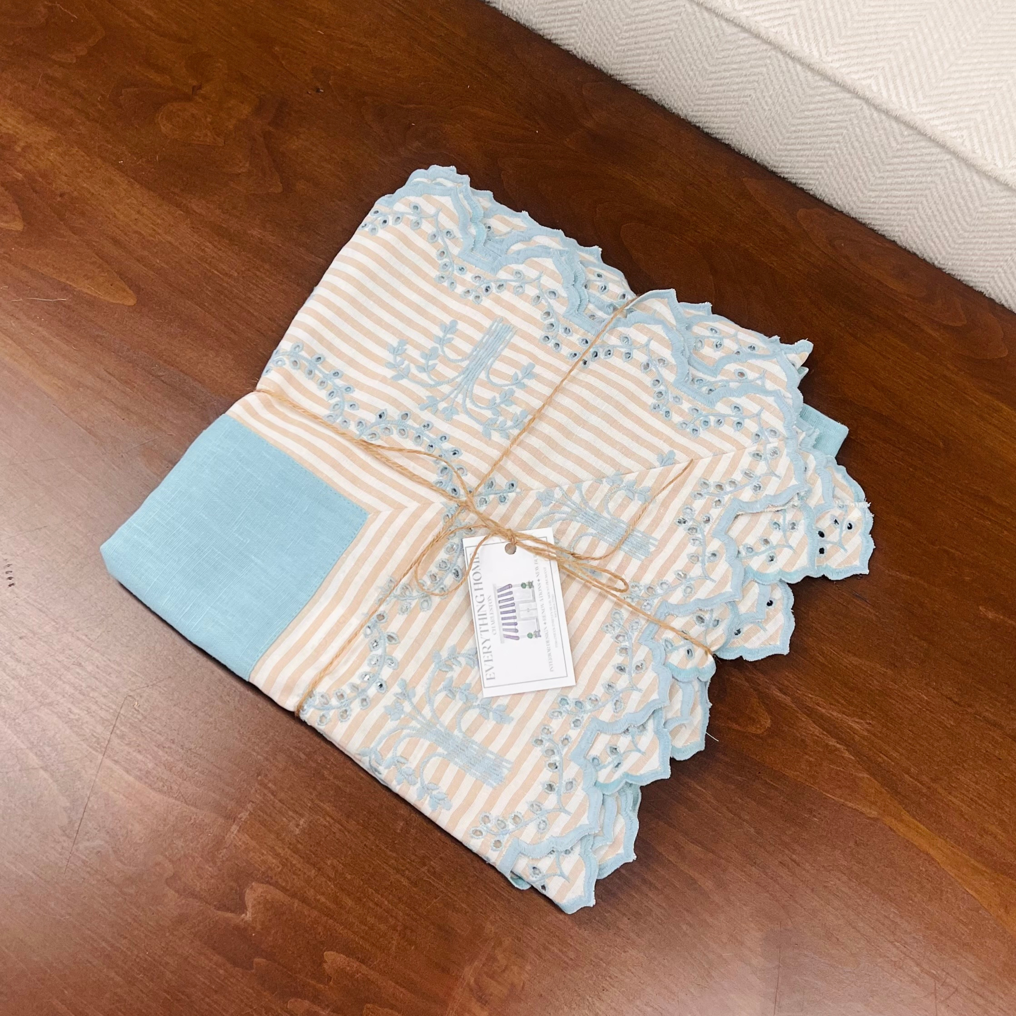 Aqua & Beige Stripe Cotton Tablecloth