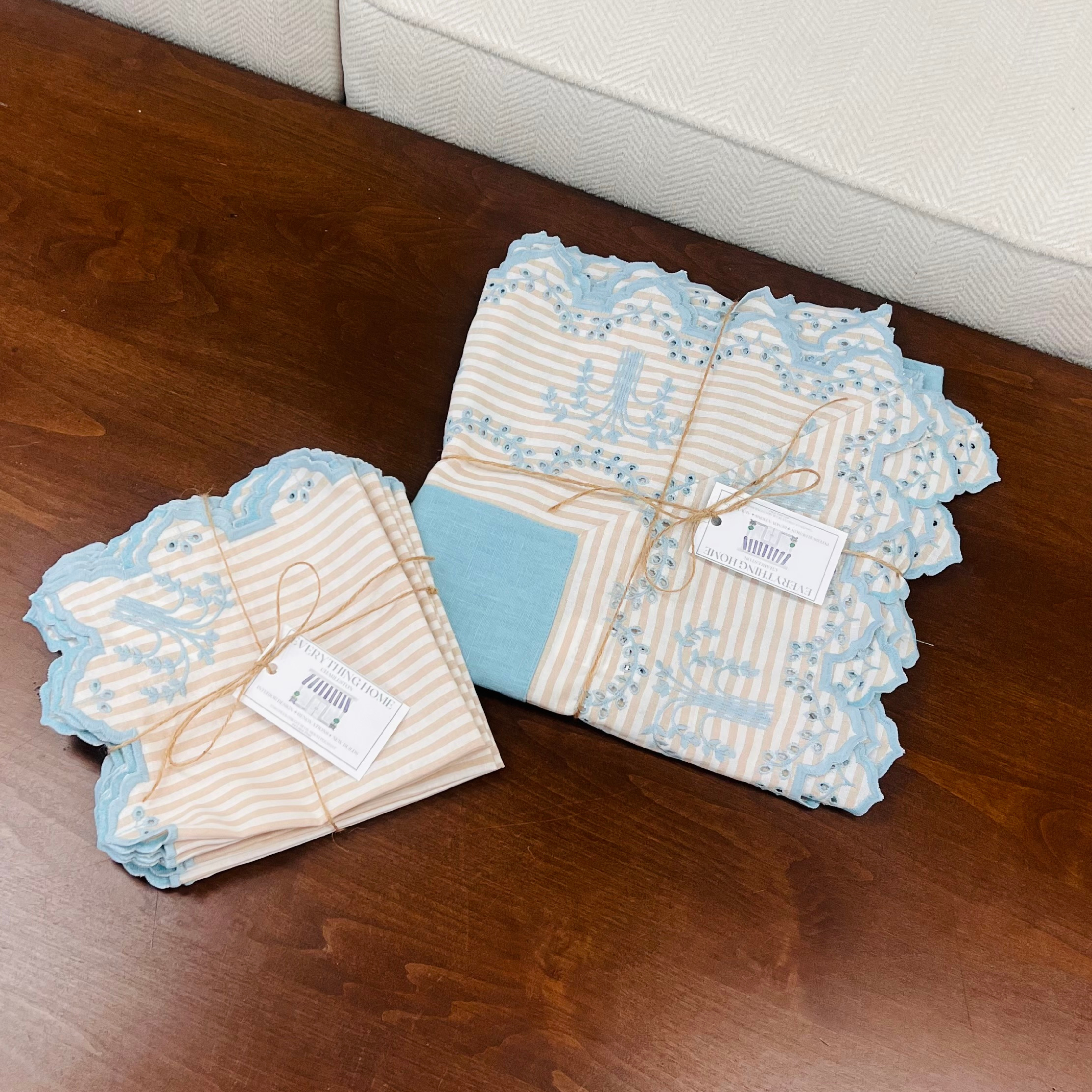 Aqua & Beige Stripe Cotton Tablecloth