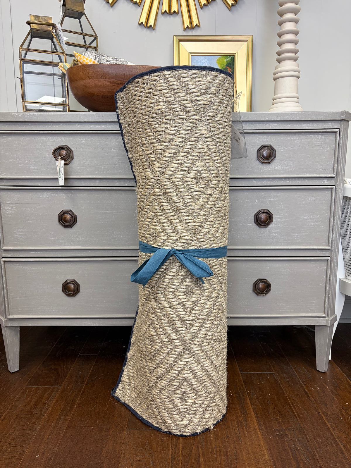 BRR Fibreworks Bakari Designer Sisal Color Sugared Almond with Blue Binding 3'2 x 15'10" Runner