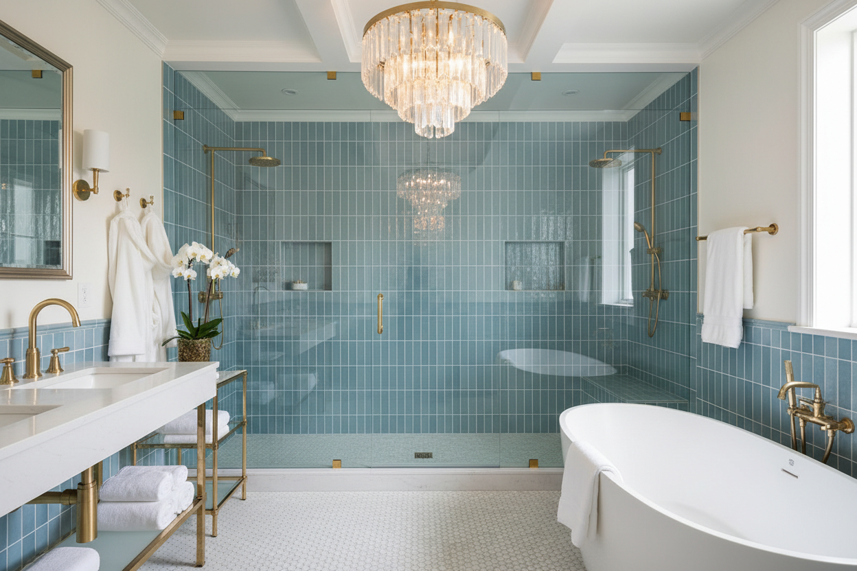 use spa blue color and white with gold fixtures and a chnadelier